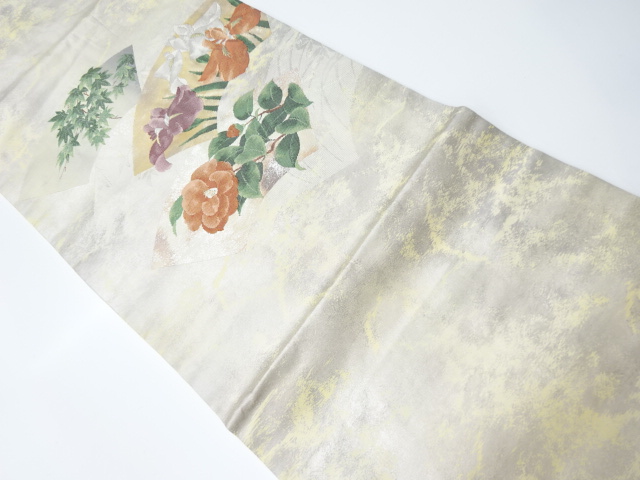 リサイクル　地紙に菖蒲・椿・楓模様織り出し名古屋帯